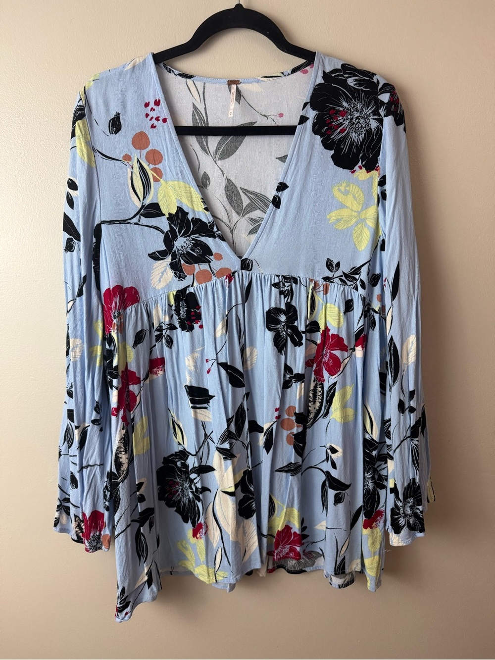 Free People Bella Tunic Blue Floral Babydoll Long Bell Sleeve Top Medium Boho